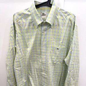 Lacoste Mens Large Yellow White Plaid Button Up Long Sleeve Shirt Casual XL-2XL